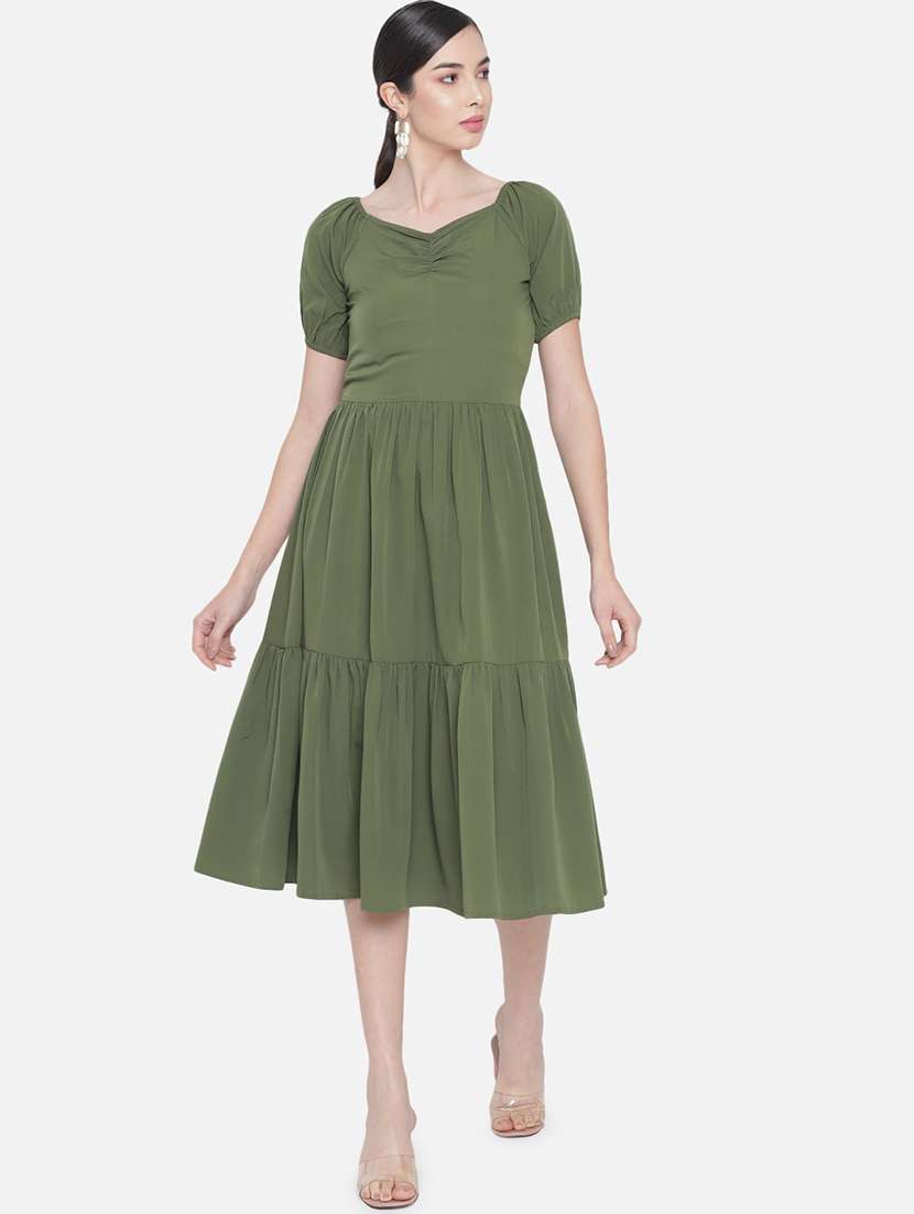 women olive solid puff sleeve tiered dress