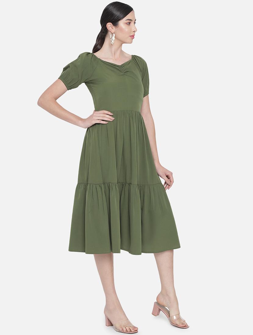 women olive solid puff sleeve tiered dress - 21931451 -  Standard Image - 1
