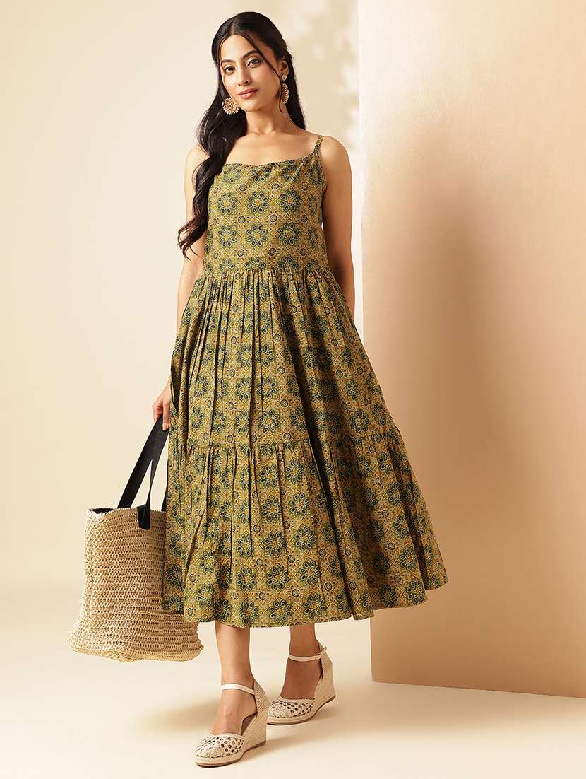 women olive printed shoulder strap tiered ethnic dress
