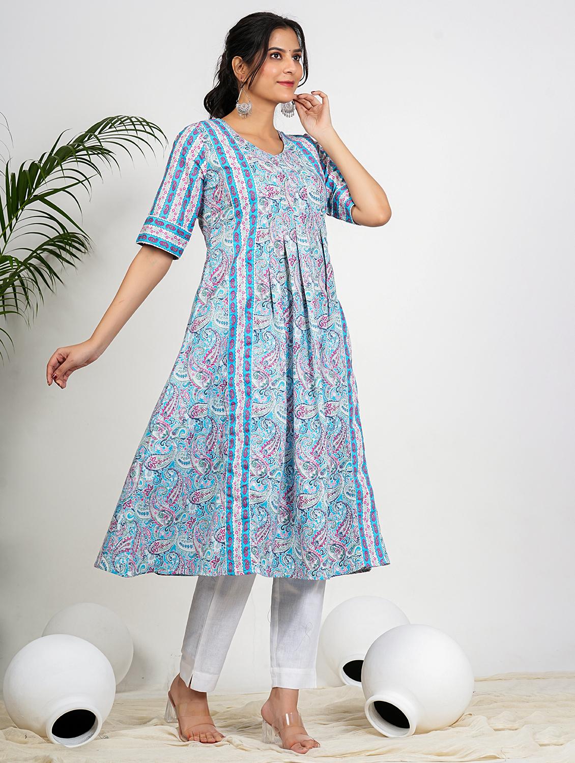 women light blue elbow sleeve a-line kurta - 21931561 - Standard Image - 1