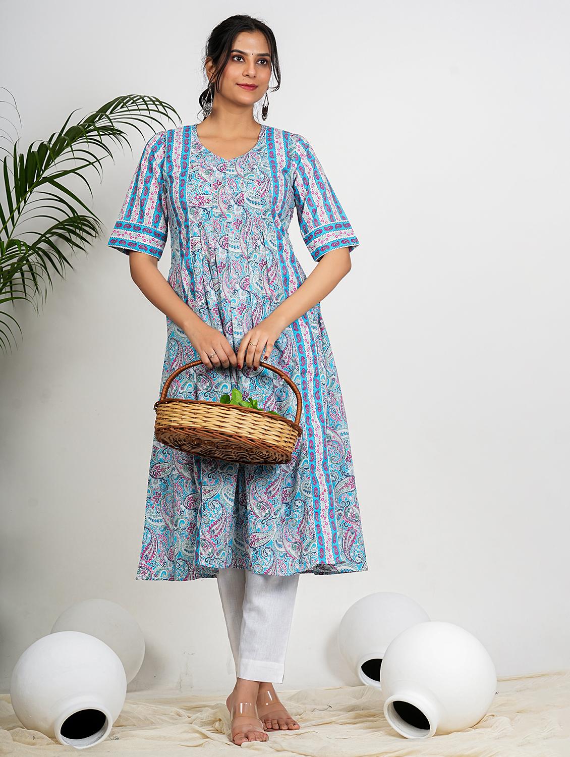 women light blue elbow sleeve a-line kurta - 21931561 - Standard Image - 4