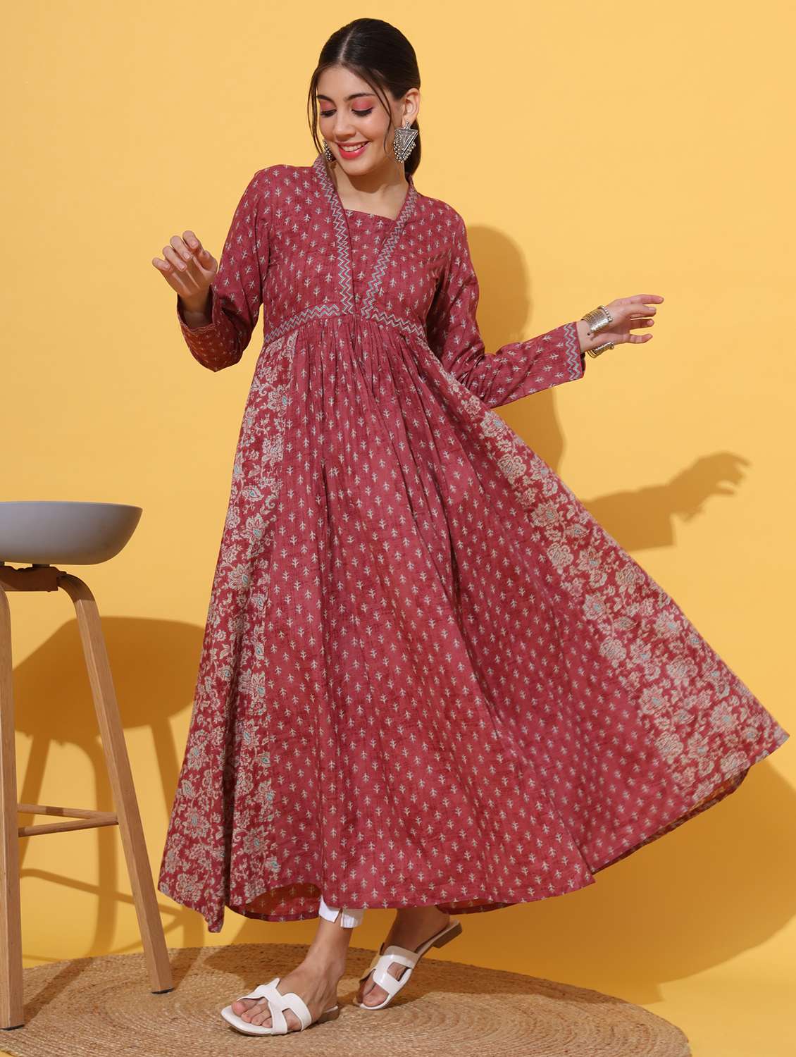 women maroon long sleeve anarkali kurta