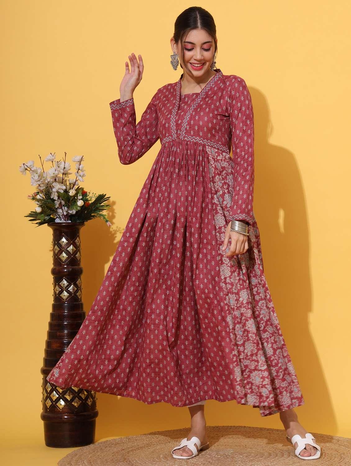 women maroon long sleeve anarkali kurta - 21931567 -  Standard Image - 1