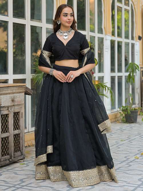women black flared stitched lehenga - 21931949 - Standard Image - 0