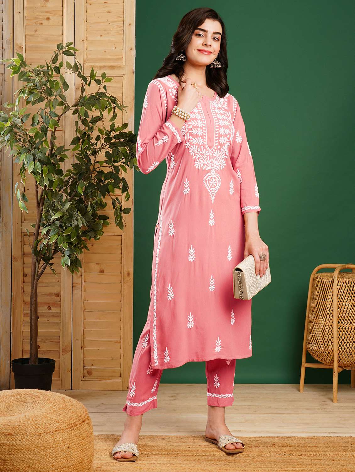 women chikankari long sleeve kurta pant set - 21931952 -  Standard Image - 1