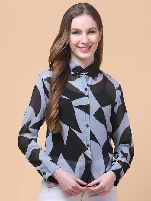women printed collared long sleeve shirt - 21931983 - Standard Image - 0