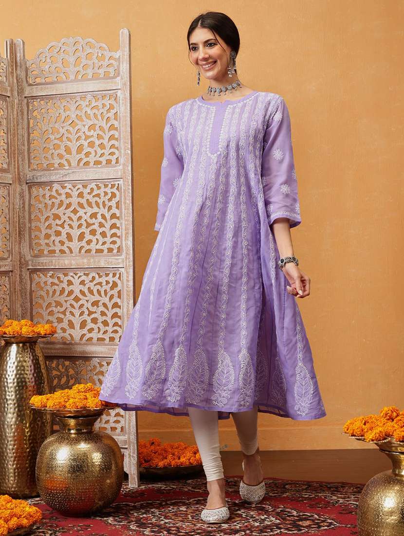 women chikankari three quarter sleeve anarkali kurta - 21932026 -  Standard Image - 1