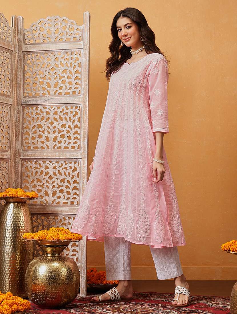 women chikankari three quarter sleeve anarkali kurta - 21932035 -  Standard Image - 1