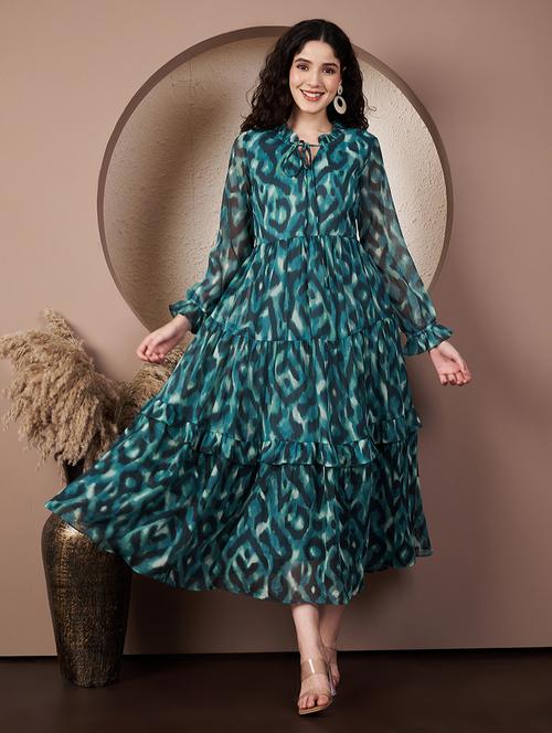 women printed tie-up neck long sleeves tiered dress - 21932075 - Standard Image - 0