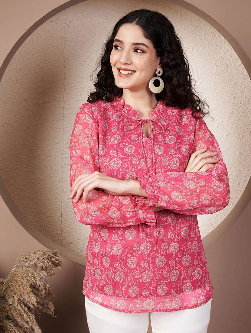 women floral print tie-up neck regular top