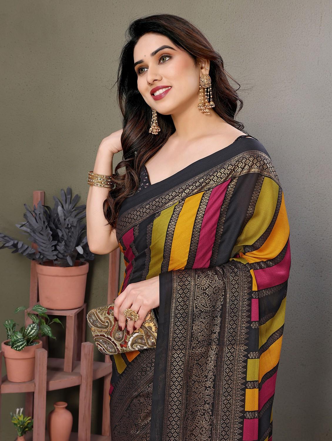 women striped printed saree with blouse - 21932117 - Standard Image - 4