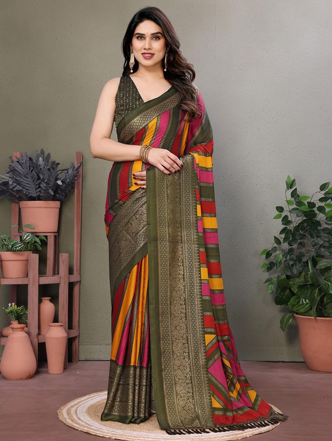 women striped printed saree with blouse - 21932119 - Standard Image - 1