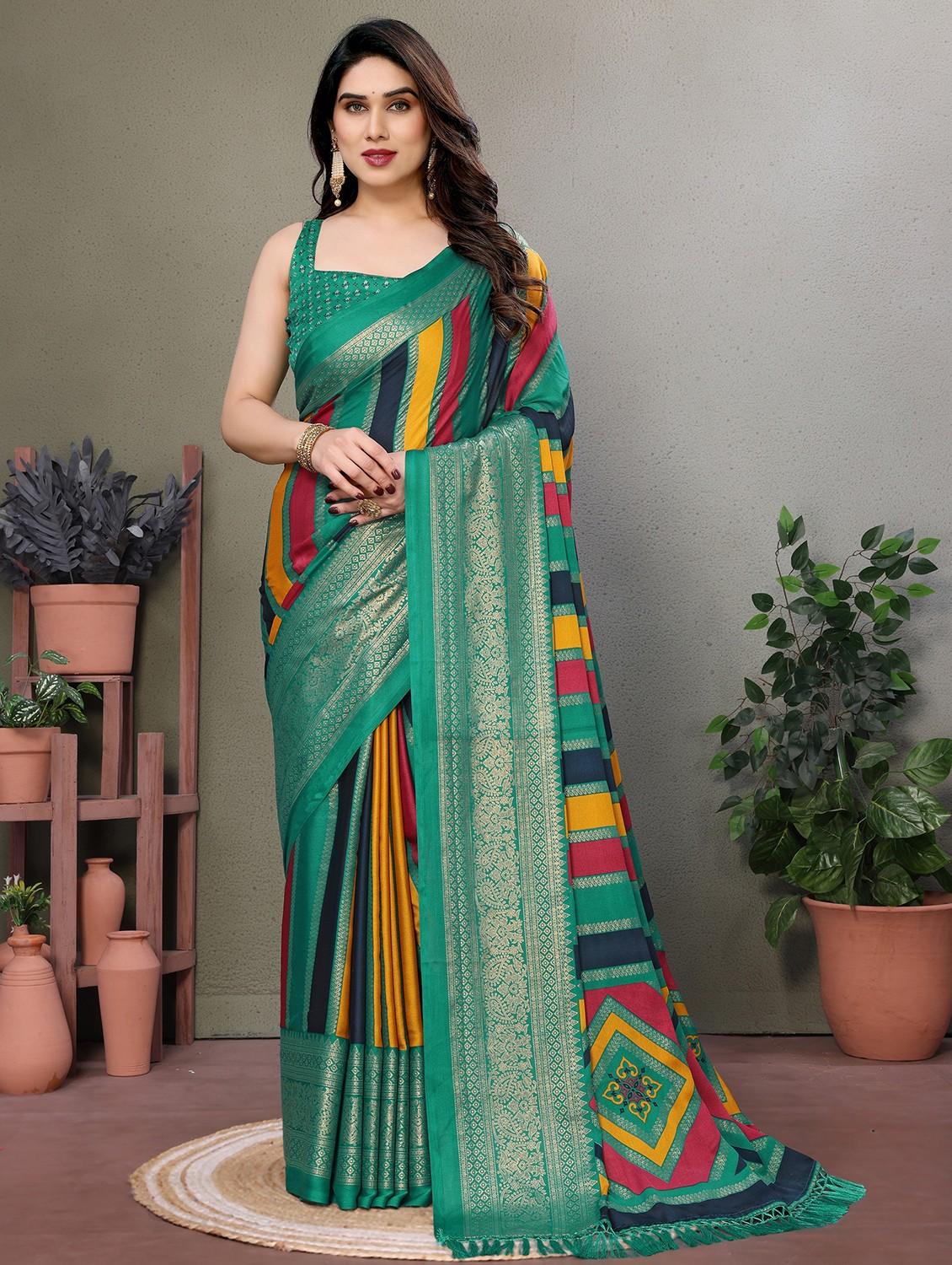 women striped printed saree with blouse - 21932123 -  Standard Image - 1