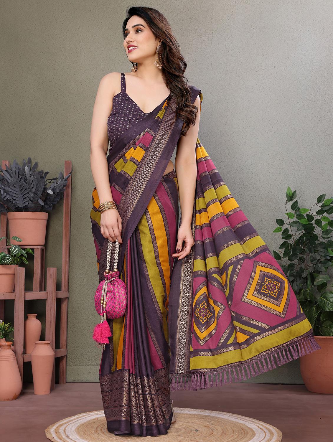 women striped printed saree with blouse - 21932124 -  Standard Image - 1