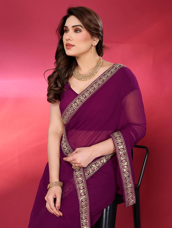 women solid with bordered saree with blouse - 21932140 - Standard Image - 4