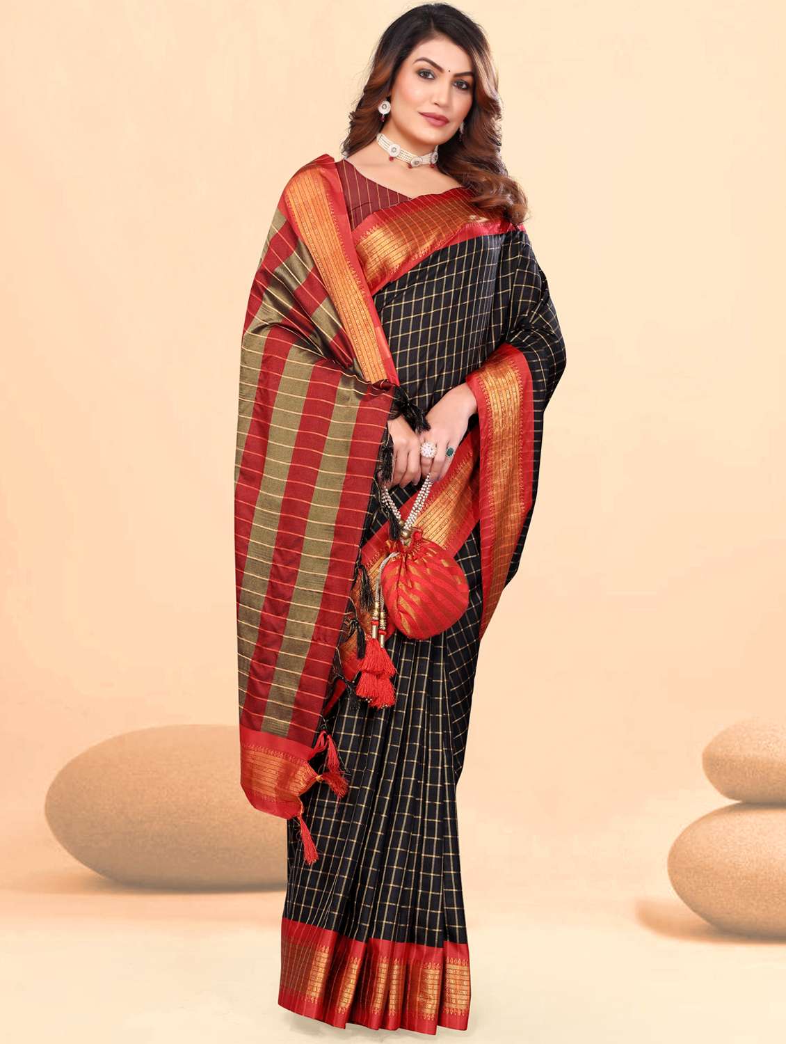 women checkered ready to wear saree with blouse - 21932149 -  Standard Image - 1
