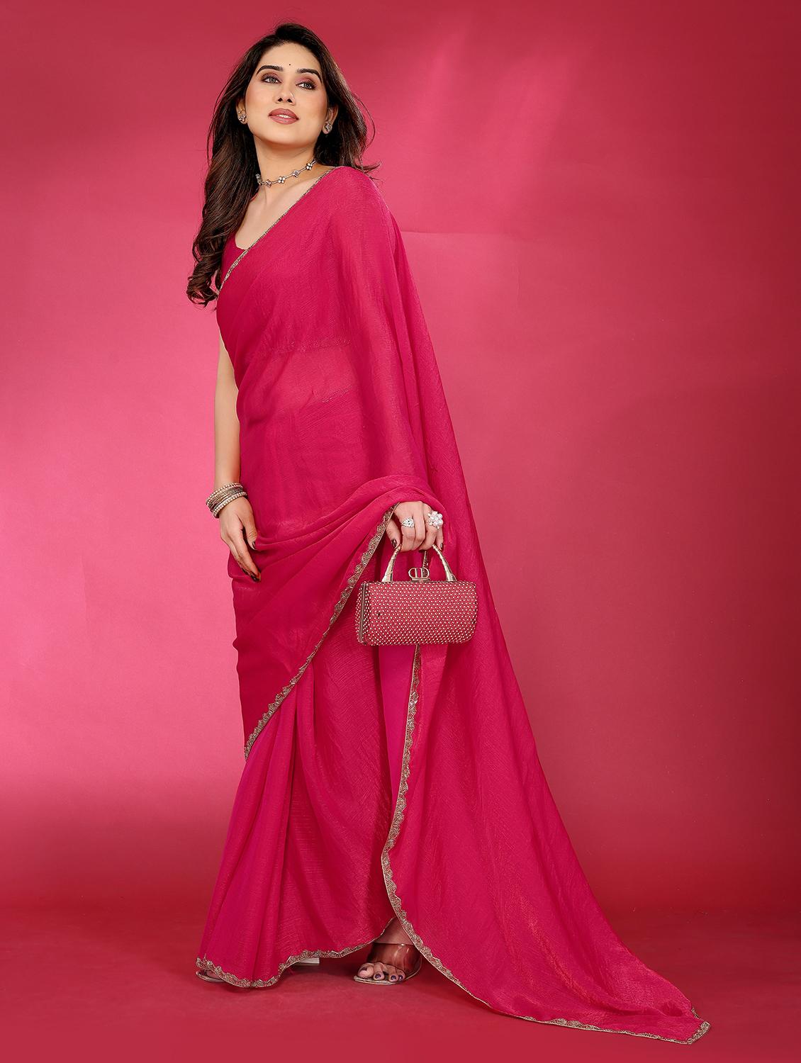 women solid plain embellished bordered saree with blouse - 21932183 - Standard Image - 1