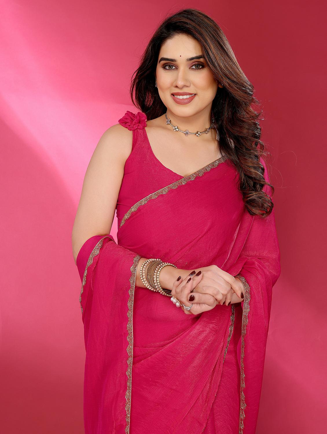 women solid plain embellished bordered saree with blouse - 21932183 - Standard Image - 4