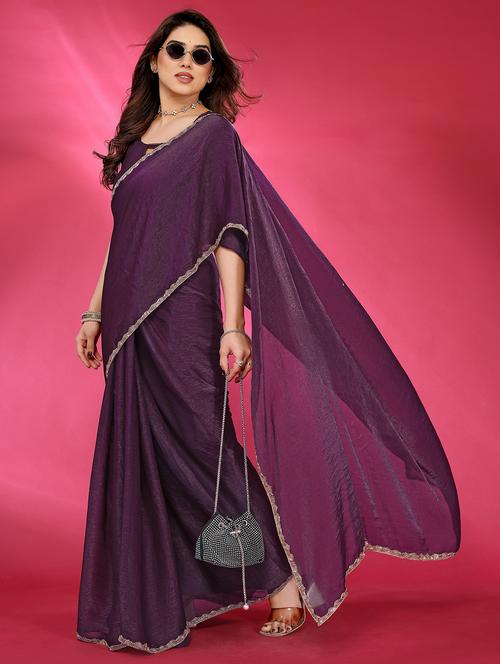women solid plain embellished bordered saree with blouse - 21932185 - Standard Image - 0