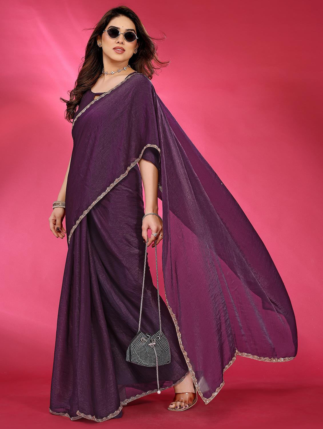 women solid plain embellished bordered saree with blouse - 21932185 - Zoom Image - 0