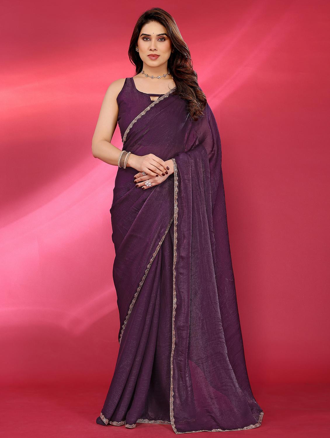 women solid plain embellished bordered saree with blouse - 21932185 - Standard Image - 1