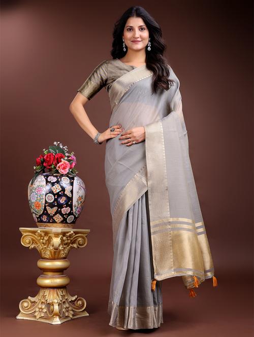 women solid with bordered ready to wear saree with blouse - 21932436 -  Standard Image - 0