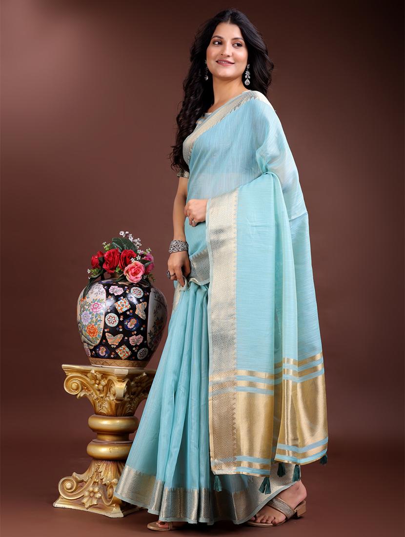 women solid with bordered ready to wear saree with blouse - 21932440 -  Standard Image - 1