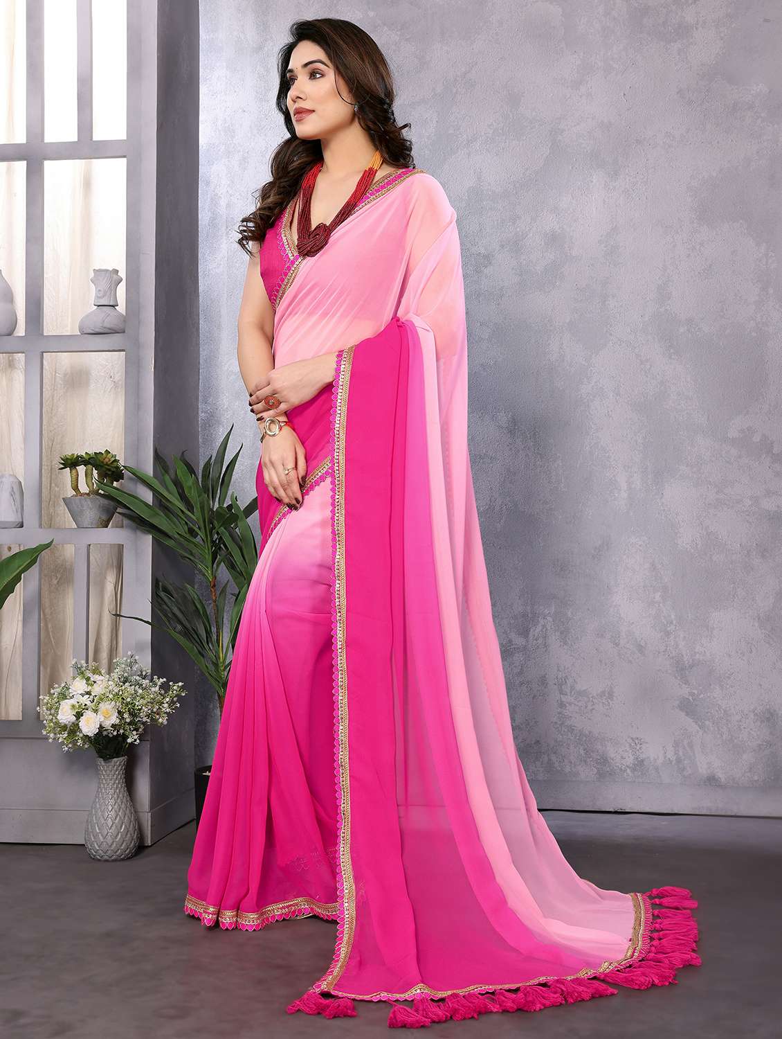 women pink ombre printed saree with blouse - 21932446 - Standard Image - 1
