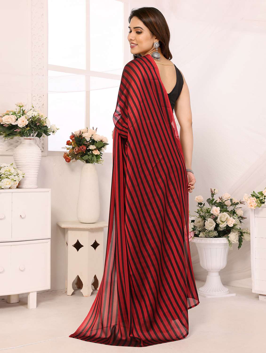 women striped ready to wear saree with blouse - 21932448 -  Standard Image - 1