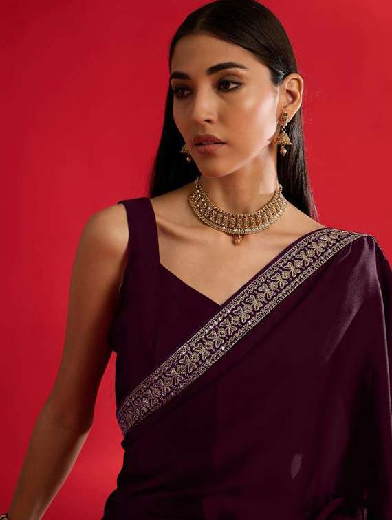 women solid with bordered saree with blouse - 21932451 - Standard Image - 4