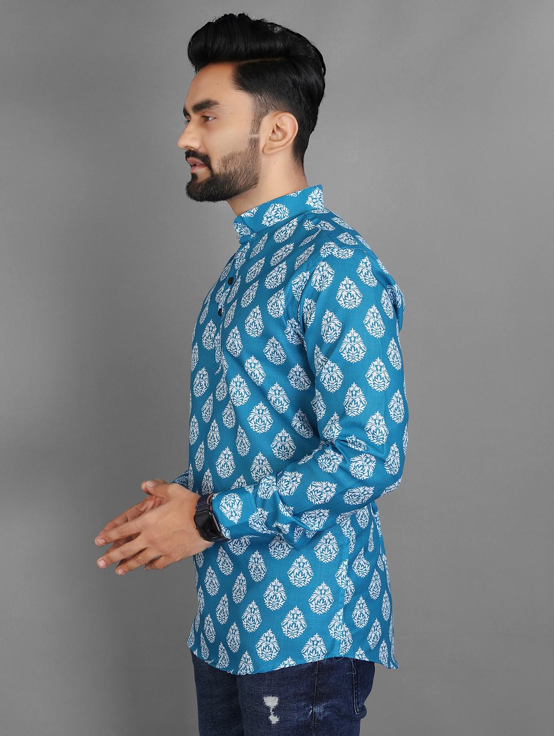men printed mandarin neck short kurta - 21932460 - Standard Image - 1