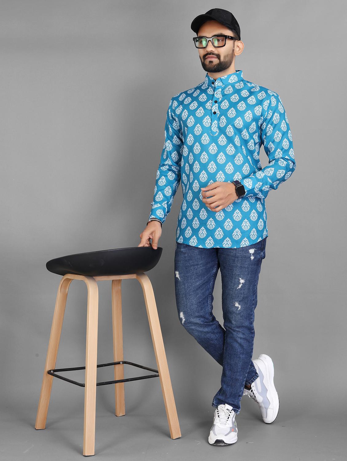 men printed mandarin neck short kurta - 21932460 - Standard Image - 4