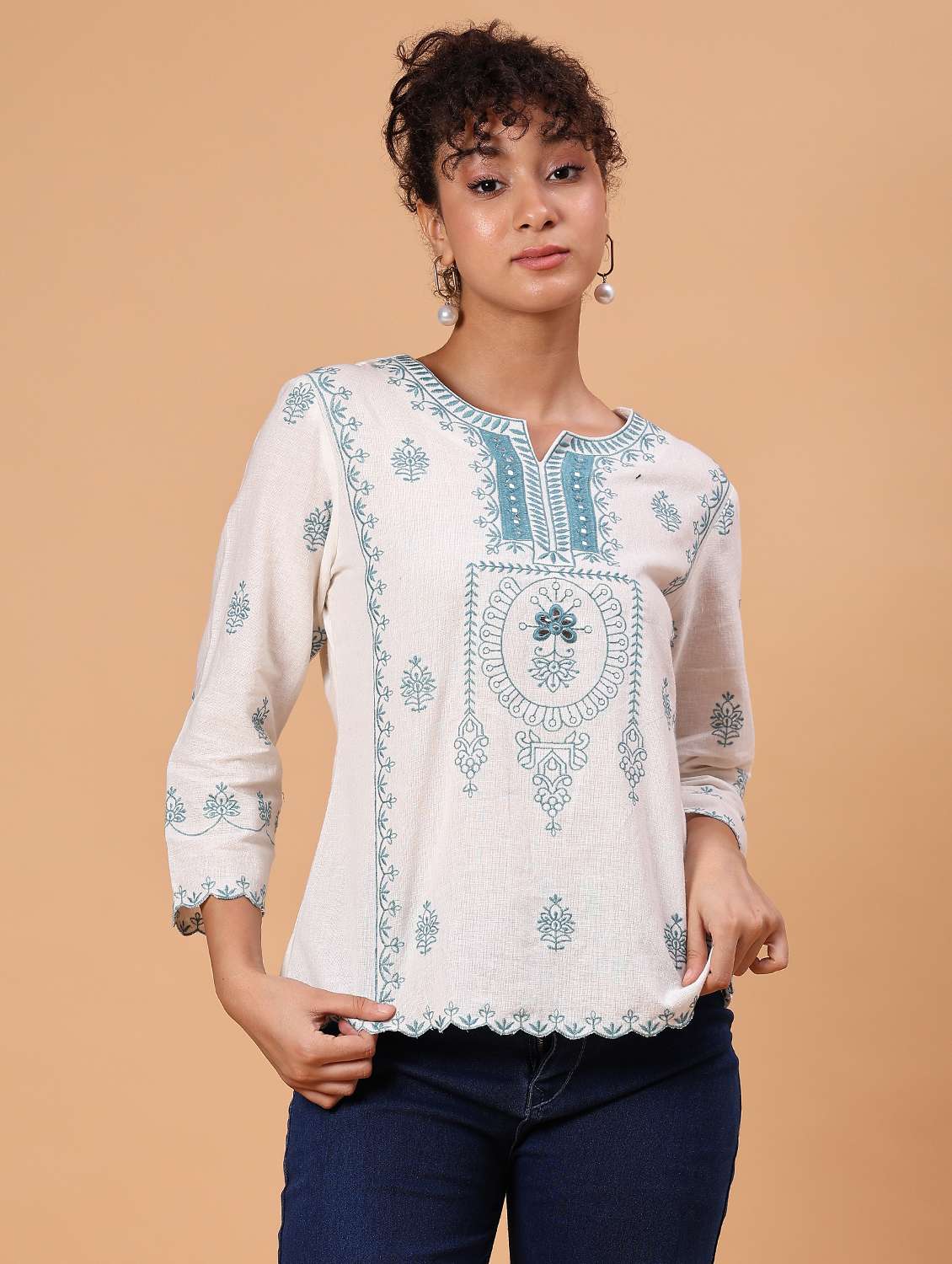 women embroidered notch neck a-line kurti - 21932545 -  Standard Image - 1