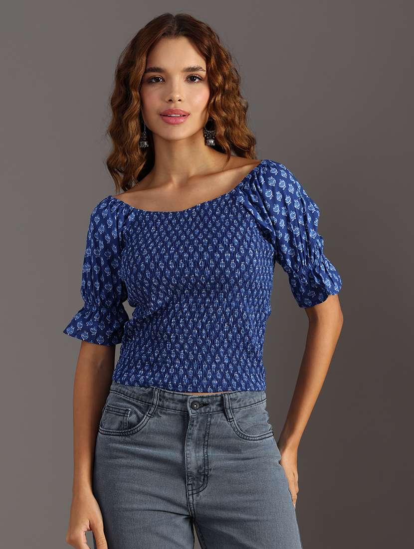 Women Printed Puff Sleeve Smocked Crop Top - 21932614 -  Standard Image - 1
