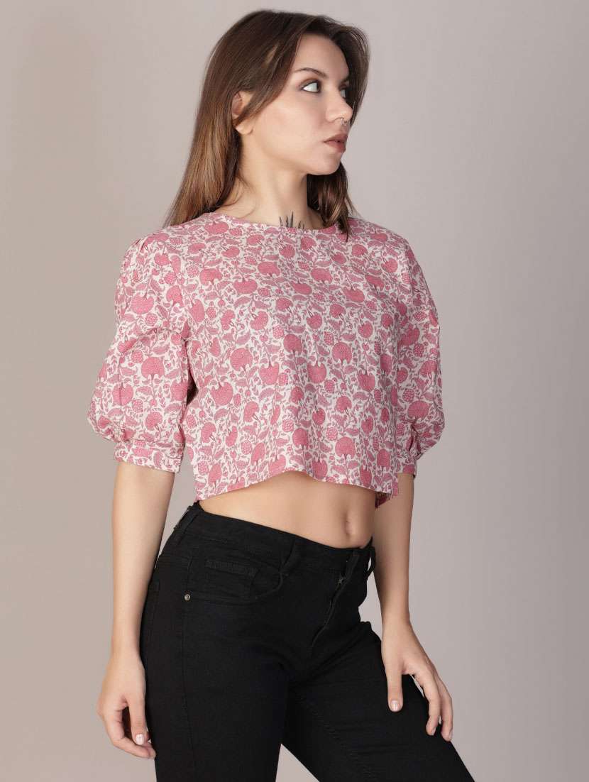 women printed puff sleeve crop top