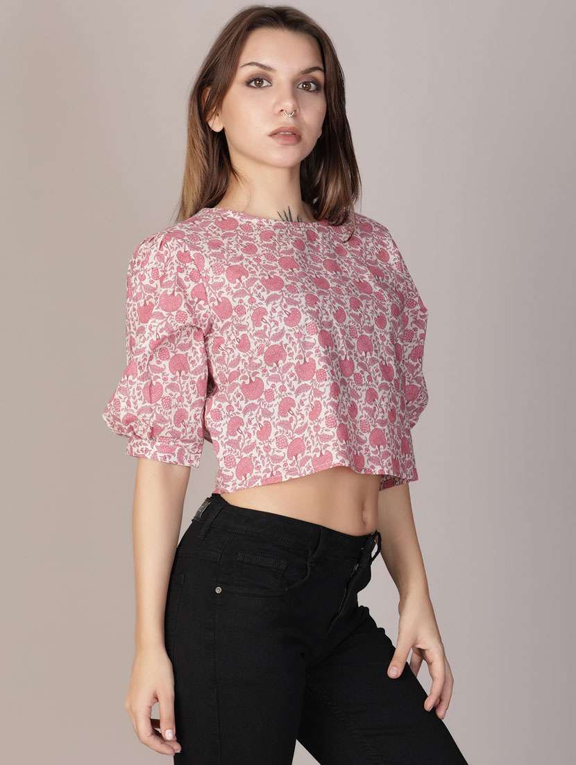 women printed puff sleeve crop top - 21932616 -  Standard Image - 1
