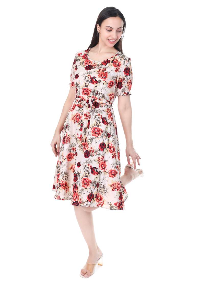 women floral rpint puff sleeves fit & flare dress - 21932760 -  Standard Image - 1