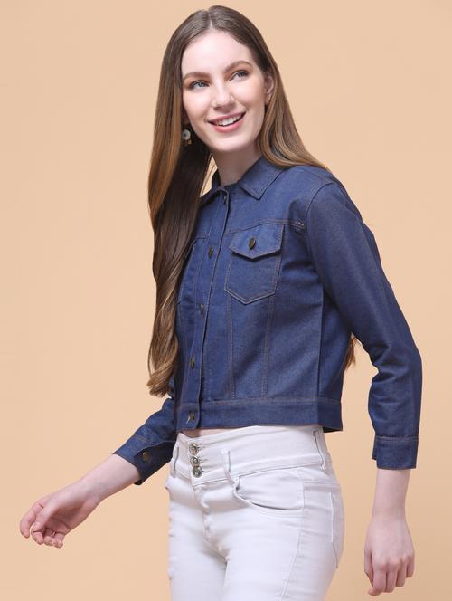 women solid long sleeves crop denim jacket - 21932774 -  Standard Image - 0
