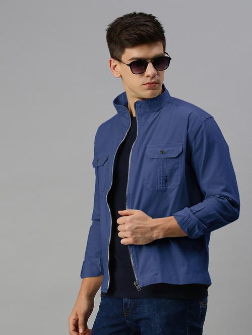 men blue solid long sleeve casual jacket - 21933400 -  Standard Image - 0