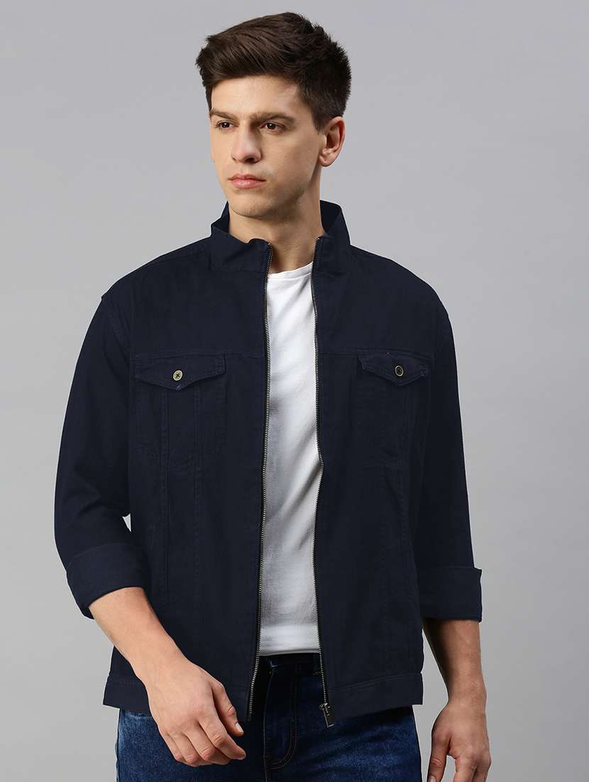 men navy blue solid long sleeve casual jacket