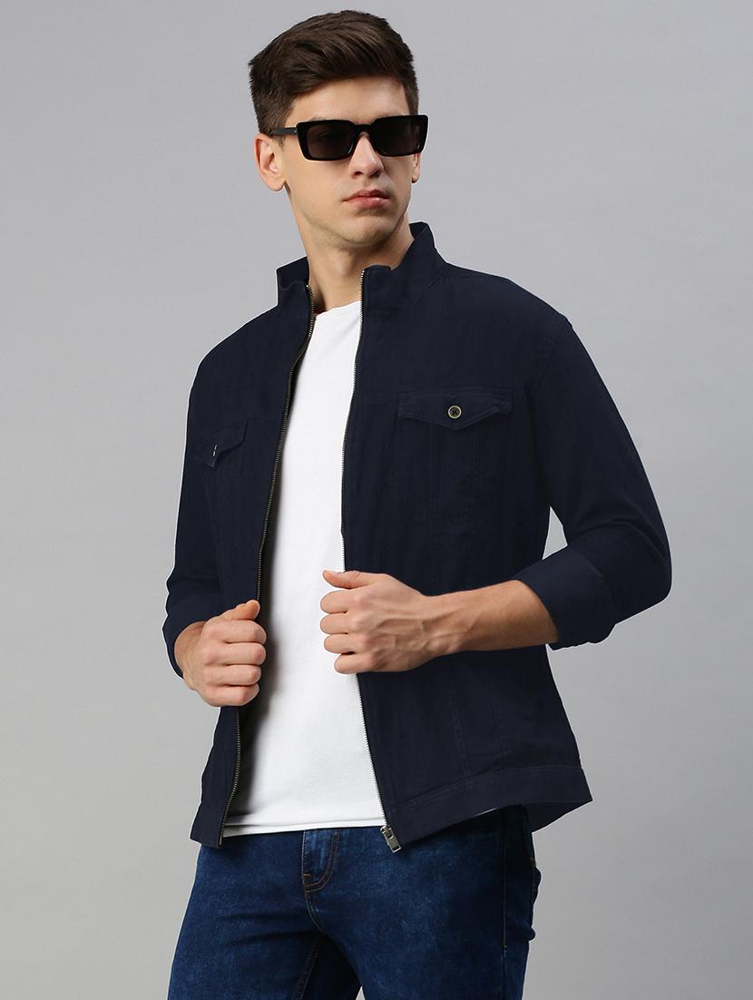 men navy blue solid long sleeve casual jacket - 21933401 -  Standard Image - 1