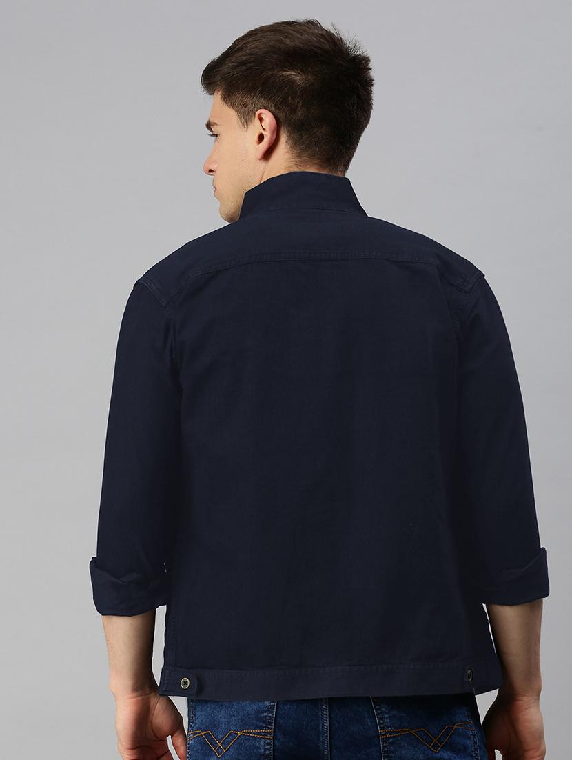 men navy blue solid long sleeve casual jacket - 21933401 - Standard Image - 4