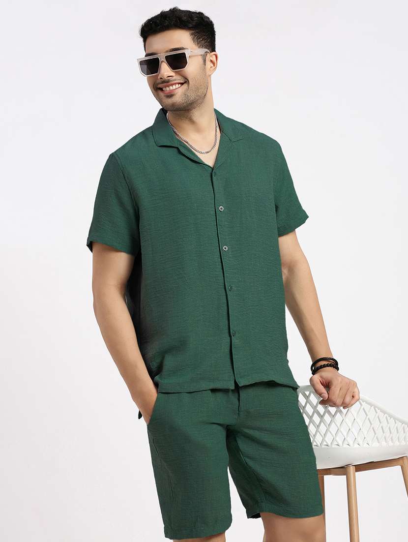 men's solid green cotton blend co-ord set