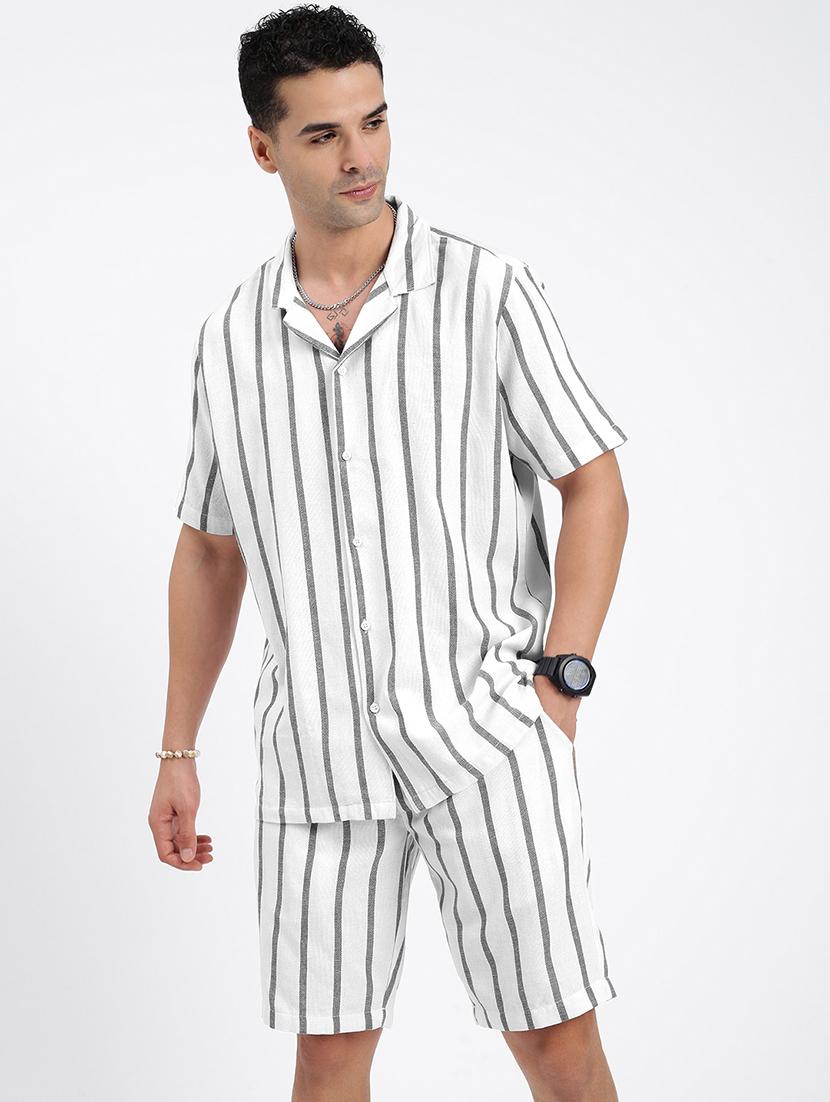men's white and grey striped cotton co-ord set - 21933412 - Standard Image - 1