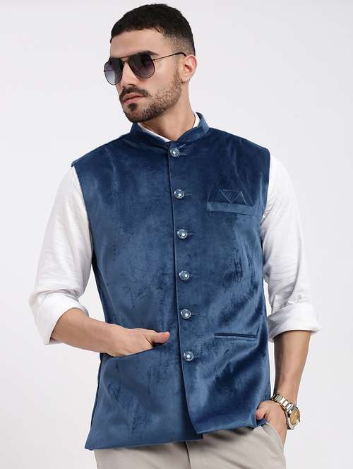 mens blue velvet mandarin collar nehru jacket - 21933416 -  Standard Image - 0
