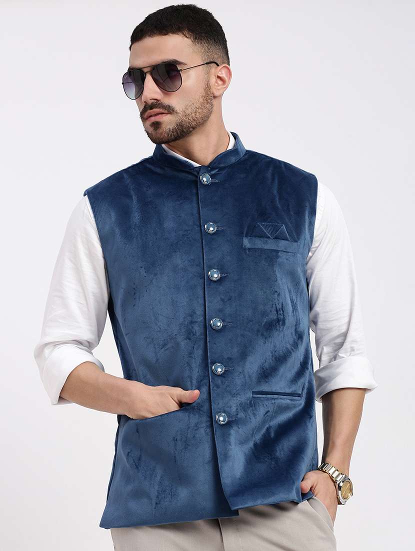 mens blue velvet mandarin collar nehru jacket - 21933416 -  Zoom Image - 0