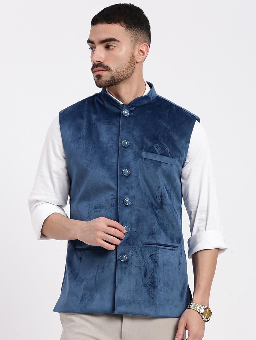 mens blue velvet mandarin collar nehru jacket - 21933416 -  Standard Image - 1