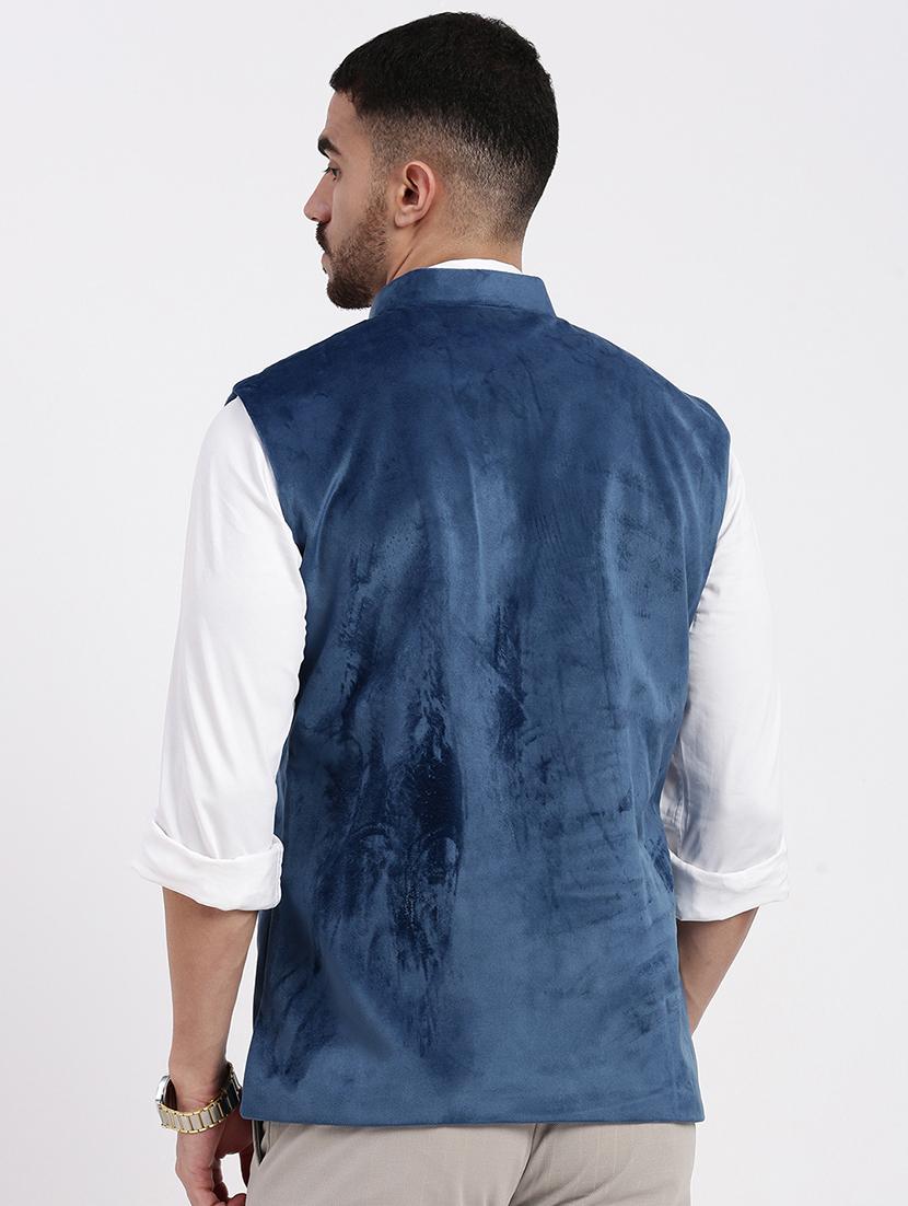 mens blue velvet mandarin collar nehru jacket - 21933416 - Standard Image - 4