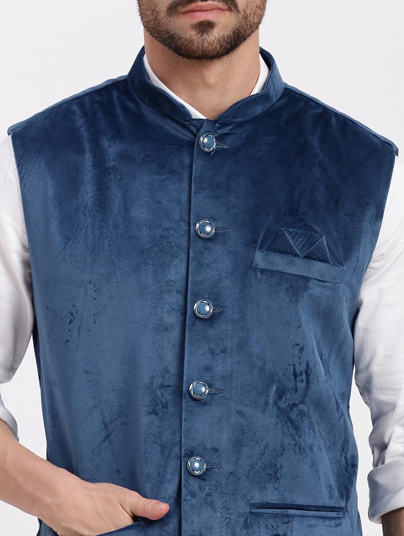 mens blue velvet mandarin collar nehru jacket - 21933416 - Standard Image - 6