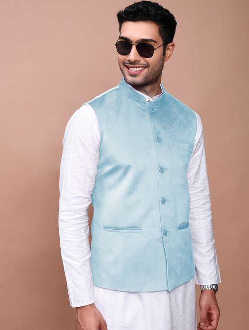 men's light blue velvet festive nehru jacket - 21933419 -  Standard Image - 0